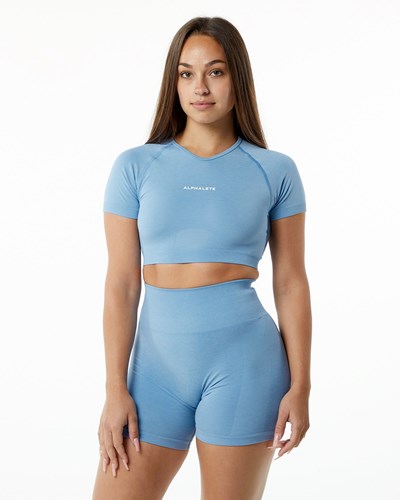 Alphalete Cropped Seamless Korta Sleeve Washed Denim | NTLA-41930