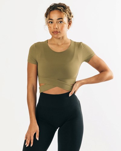 Alphalete Fitted Korta Sleeve Tie Top Olivgröna | IFEP-16982