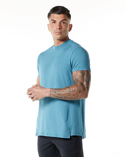Alphalete High-Neck Premium Korta Sleeve Tee Blå | CKMS-65214