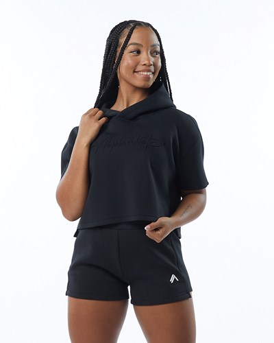 Alphalete Interlock Knit Crop Hoodie Svarta | FCDK-93452