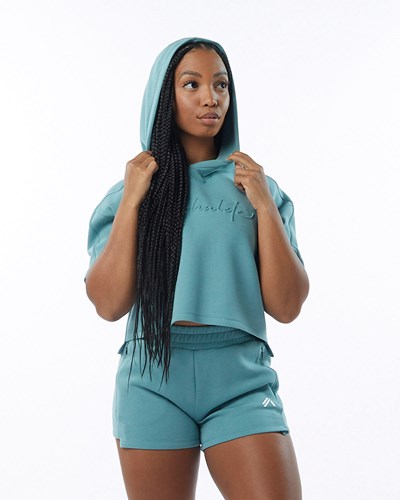 Alphalete Interlock Knit Crop Hoodie Teal | XCIP-71693
