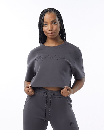 Alphalete Interlock Knit Crop Pullover Charcoal | XGWD-53861