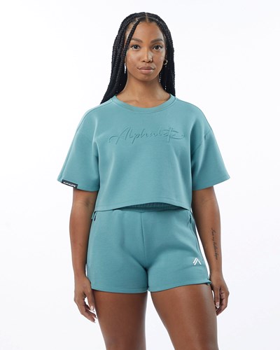 Alphalete Interlock Knit Crop Pullover Teal | SMAT-76593