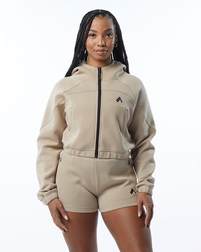 Alphalete Interlock Knit Crop-Zip Hoodie Tan | FTNL-84735