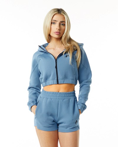Alphalete Interlock Knit Crop-Zip Hoodie Blå | NWKE-12893