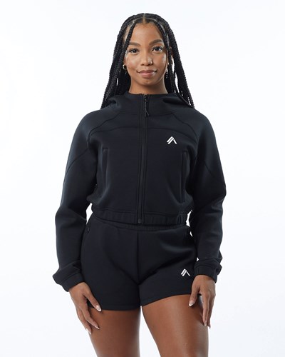 Alphalete Interlock Knit Crop-Zip Hoodie Svarta | QHGP-35841