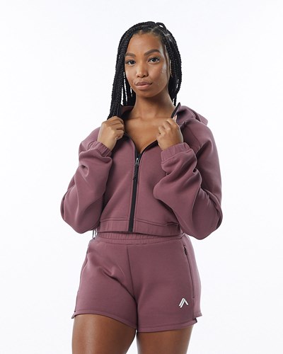 Alphalete Interlock Knit Crop-Zip Hoodie Mauve | TCYG-37516