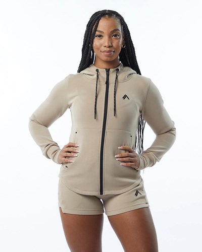Alphalete Interlock Knit Full-Zip Hoodie Tan | MZQX-16954