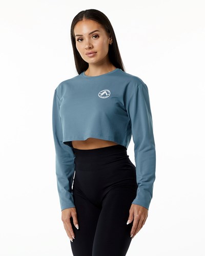 Alphalete Oversized Performance Long Sleeve Crop Blå | QOME-75913