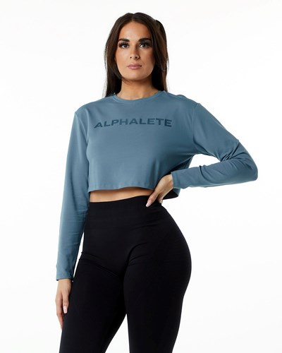 Alphalete Oversized Performance Long Sleeve Crop Blå | RVDQ-60798