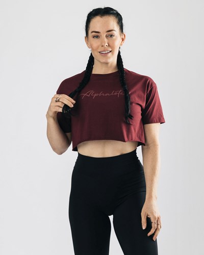 Alphalete Oversized Raw-Cut Korta Sleeve Crop Vinröda | SPKN-90658