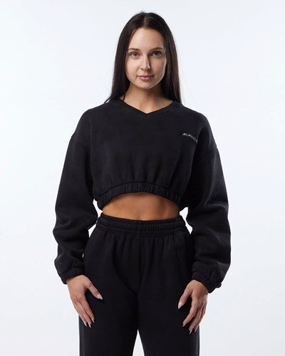 Alphalete Washed V-Neck Fleece Tröja Blackbird | ISMU-62753