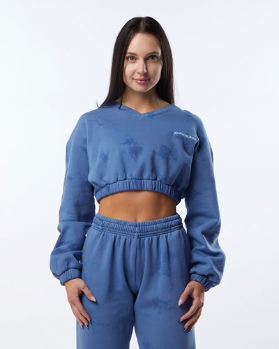 Alphalete Washed V-Neck Fleece Tröja Blå | UMHD-67298