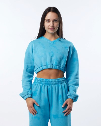 Alphalete Washed V-Neck Fleece Tröja Ocean | AKRC-46385